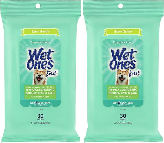 Wet Ones for Pets Extra Gentle Dog Wipes with Witch Hazel for Snout, Eye, Ear - Fragrance-Free Wipes with Wet Lock Seal, 30 Count (Pack of 2)