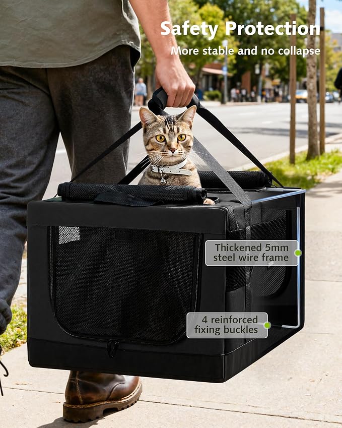 Pecute Cat Carrier, Soft Double Pet Crate for 2 Cats Travel, Dark Gray | 5mm Anti-collapse Frame, Convertible Dual Space, Foldable, Polyester Breathable mesh, Up to 26 lbs, Car Travel & Vet Visits