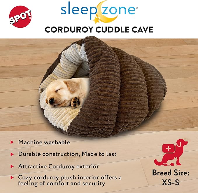 SPOT Sleep Zone Cuddle Cave - Cat Cave Bed for Indoor Cats and Mini Dogs, Durable, Comfortable, Washable for Kittens and Puppies Under 10 lbs and 12 inches Long, Corduroy Brown