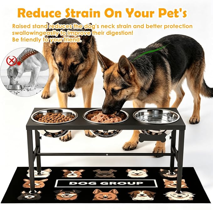 Extra Large Elevated Dog Bowls, 4 Adjustable Height with Three 101oz/3000ml Large Stainless Steel Bowls and Splash pad, Raised Dog Bowl Stand for Large and Extra Large Breeds