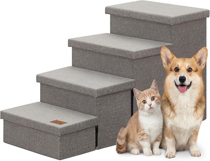 Zerbuger Dog Stairs with Storage, Grey 4 Steps Dog Ramp no Condo for Bed | 23" H Wider Dog Steps for High Beds Couch, Folding Storage Pet Stairs Gift for Climbing Small/Medium/Large Old Dogs Cats