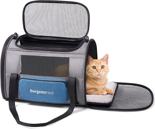 BurgeonNest Pet Carrier for Large Cats, Soft-Sided Cat Carrier for Big Cats and Small Dogs Up to 20 lbs, Top Loading Collapsible Escape-Proof Travel Cat Bag with 4 Mesh Windows & Side Storage, Blue
