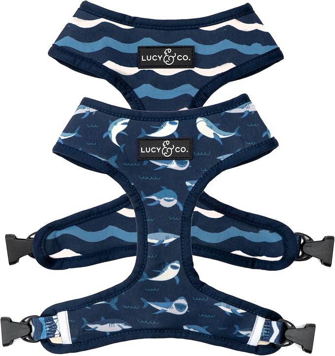 Lucy & Co. Reversible Dog Harness - Water-Repellent Neoprene, Dual-Print Design, Easy Swap Style, Adjustable Comfort Fit - Shark Attack Reversible Harness - Small