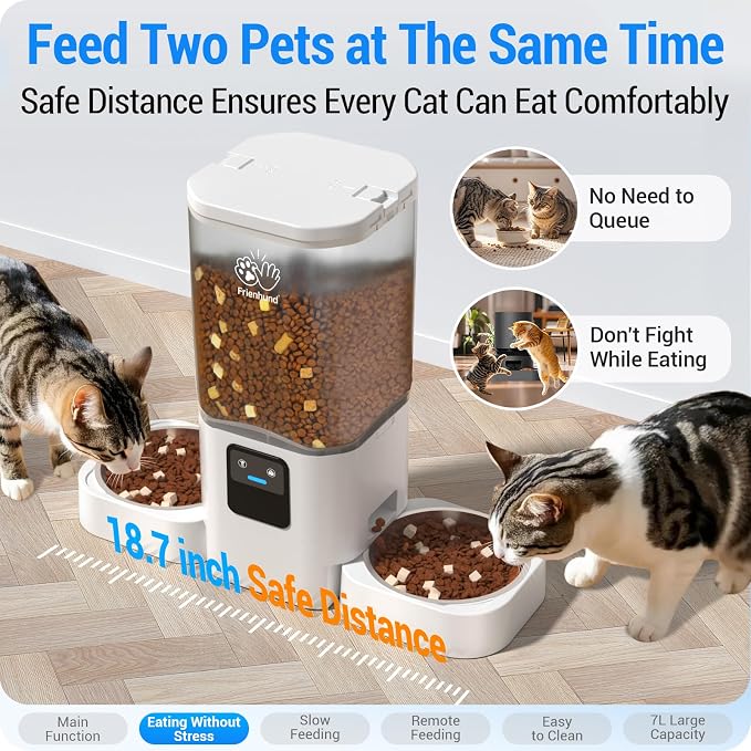 Frienhund Automatic Cat Feeders 2 Cat with Slow Feed: 7L Dual Automatic Dog Feeder with 5G WiFi, Double Auto cat Food Dispenser for Multiple Pets, Detachable for Easy Clean - 29 Cup (ACF190W-B)