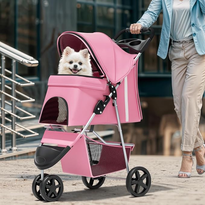 Magshion 3-Wheel Pet Stroller for Small/Medium Dog Cat, Up to 33lbs, Pink | Foldable Travel Jogger w/ Breathable Mesh Cover, Lightweight Design, Safety Tethers, Cup Holder & Storage Basket