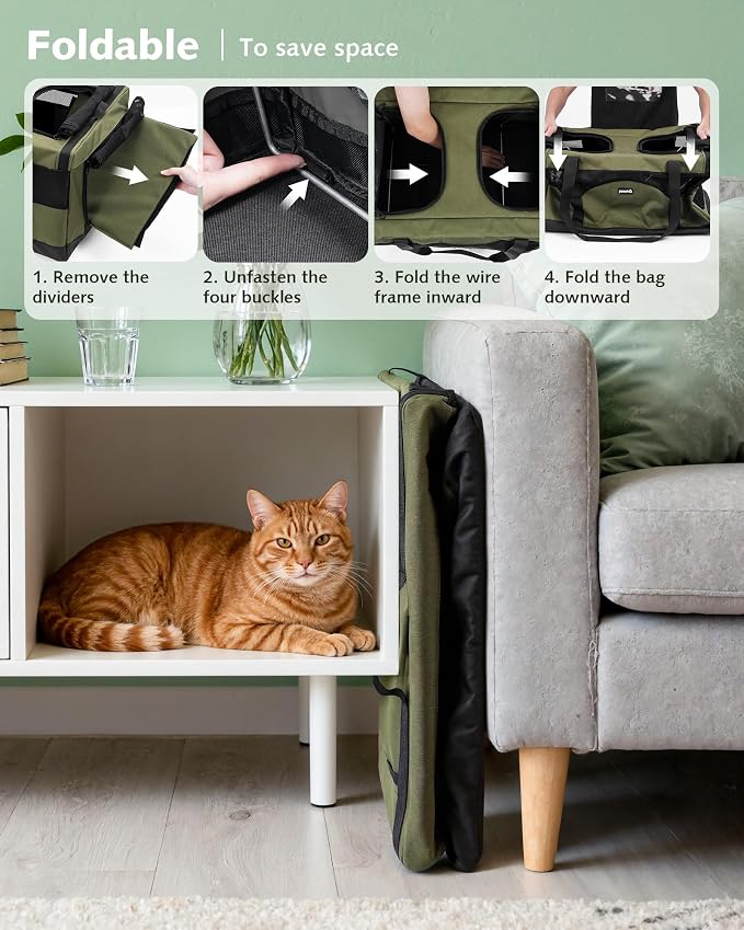 Pecute Cat Carrier, Soft Double Pet Crate for 2 Cats Travel, Green | 5mm Anti-collapse Frame, Convertible Dual Space, Foldable, Polyester Breathable mesh, Up to 26 lbs, Car Travel & Vet Visits