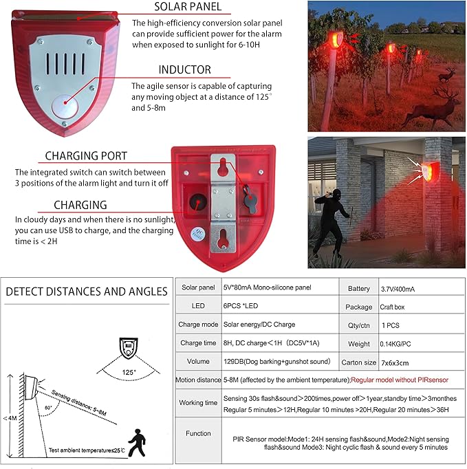 Alarme solaire extérieure à détecteur de mouvement : Aboyements de chien et coups de feu 129 dB, alarme sonore de détecteur de mouvement, lampe d'avertissement stroboscopique avec aboiements de chien (911V 1 Pack)
