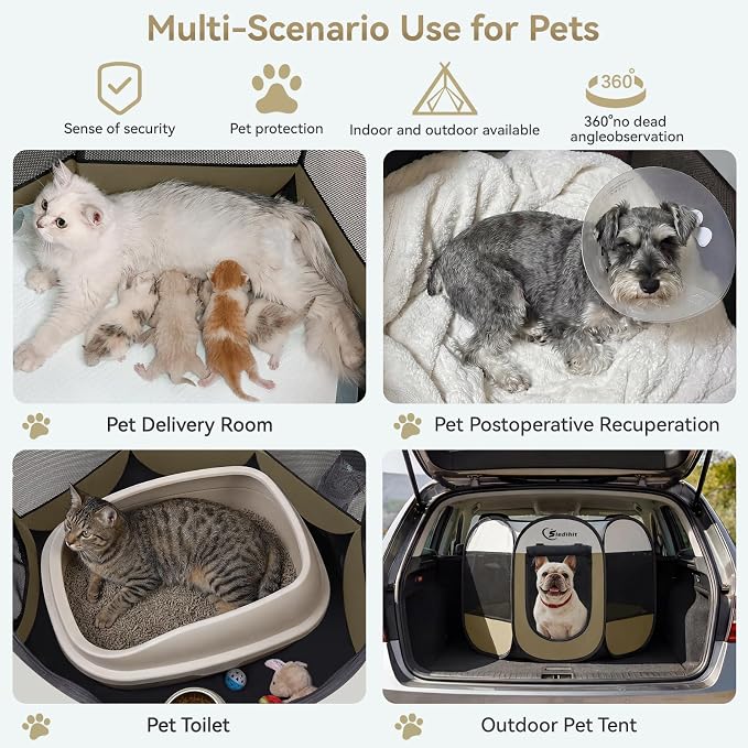 Siedihit Dog Cat Playpen, Medium Puppy Pet Playpen, Dog Crate Tent Cage | Indoor/Outdoor, Portable Pop Up Dogs Kennel Playpen with Carrying Case for Dogs/Cats/Rabbits (Khaki,Medium)