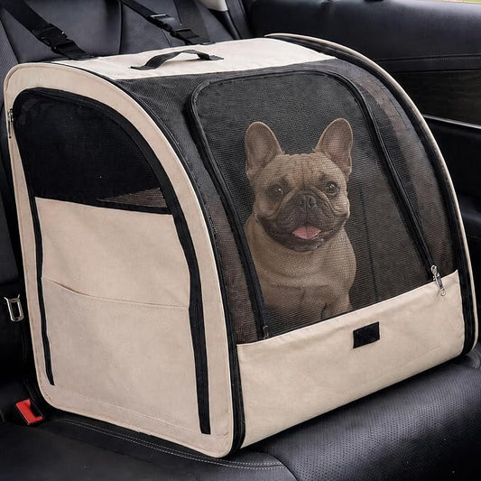 Dog Car Seat for Small Medium Dogs & Cats, Soft-Sided, Beige | Collapsible Pet Travel Carrier, Breathable Mesh, Car Kennel Secured with Seatbelt, Washable Pad, Enclosed Backseat Dog Crate