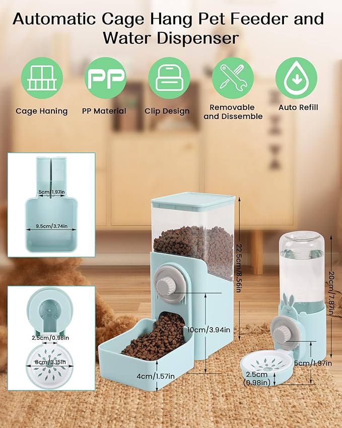 Hanging Automatic Pet Food and Water Dispenser, Auto Gravity Rabbit Ferret Bunny Hedgehog Feeder Water Dispenser Sets, Cat Dog Food and Water Dispenser Food Bowl for Cage Hanging (Light Blue)