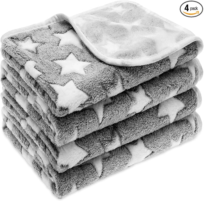 Tatuo 4 Pack Fleece Dog Blankets for Puppy Cats Multi-Size Sleep Mat for Pet Guinea Pig Soft Washable Warm Crate Bed Puppy Teething Toys Print Pattern Blanket Indoor(White,Grey,24 x 16 Inch,Star)