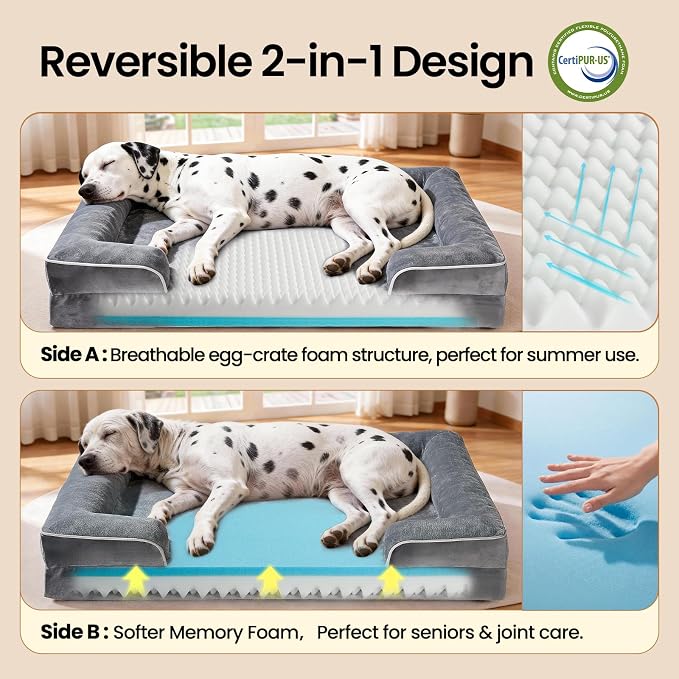 OhGeni Orthopedic Jumbo Sized Dog Bed Couch, Memory Foam, 52-inch (Gray) | Waterproof Pet Bed with Machine-Washable Removable Cover & Soft Comfortable Fabric