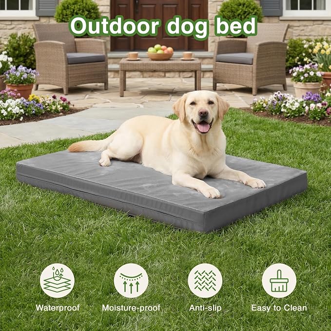 Waterproof XL Dog Beds Large Sized Dog, Outdoor Washable Foam Crate Pad 42" | Extra Large Orthopedic Pet Bed, Durable Removable Cover, Reversible Faux Leather & Flannel, Anti-Sli Kennel Pad 41"x27" Gray