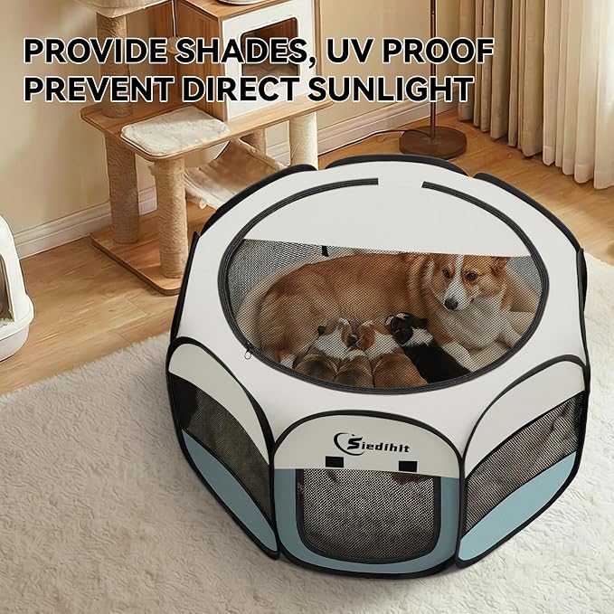 Siedihit Dog Playpen, Puppy Pet Playpen, Medium Dogs Tent Crates Cage Indoor/Outdoor, Portable Pop Up Dog Kennel Playpen with Carrying Case for Dogs/Cats/Rabbits, Removable Zipper Top, Grey