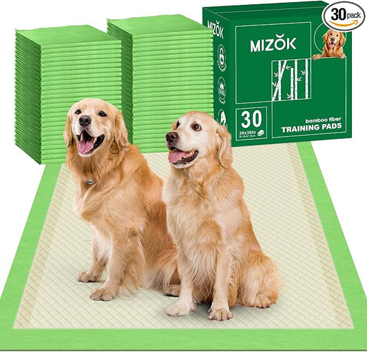 MIZOK Bamboo Dog Pee Pads Highly Absorbent No Leak XXL 36x36in 30Ct | Thick Bamboo Fibers Instantly Absorb Liquid and Neutralize Bad Odors Keeping Your Indoor Living Space Clean and Leak Proof