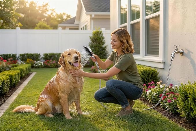 G-Promise 3 Mode Dog Shower Attachment with Pause Mode | High Pressure, Built-In Brush for Wash & Groom, Extra Long Hose, for Indoor & Outdoor Use