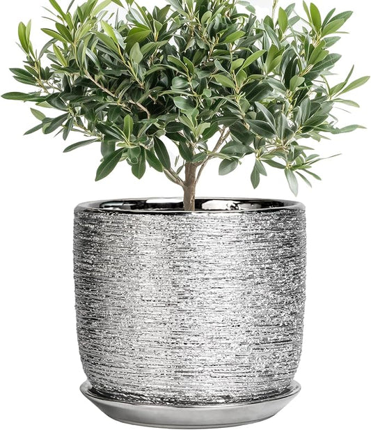 Ceramic Pot for Plants 8 Inch - Ceramic Flower Pot Indoor with Drainage Hole and Saucer, Decorative Round Indoor Planter, Plant Lover Gifts, Patio Home Office House Decor, Silver