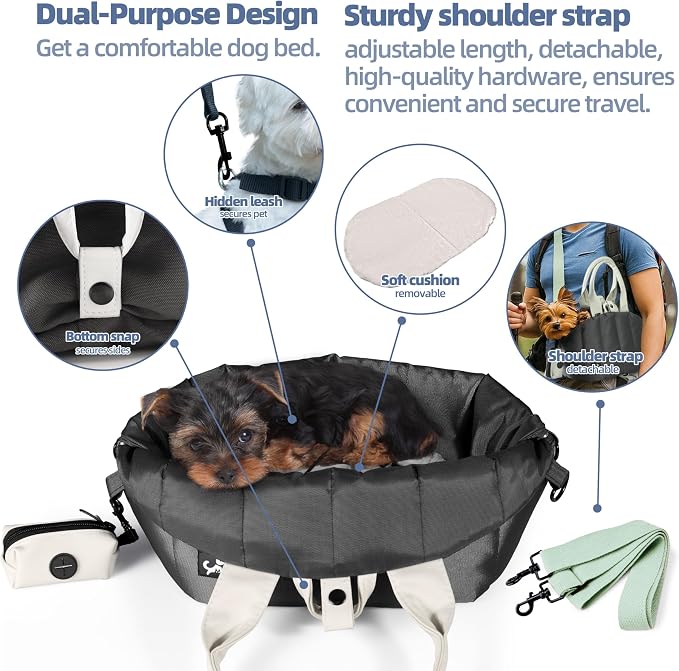 Small Dog Carrier Purse, Portable Pet Carrier Tote Carrier with Pockets, Adjustable Safety Leash, Waterproof Dog Travel Bag, Travel Pets Purse up to 4 Lbs, Dark Grey