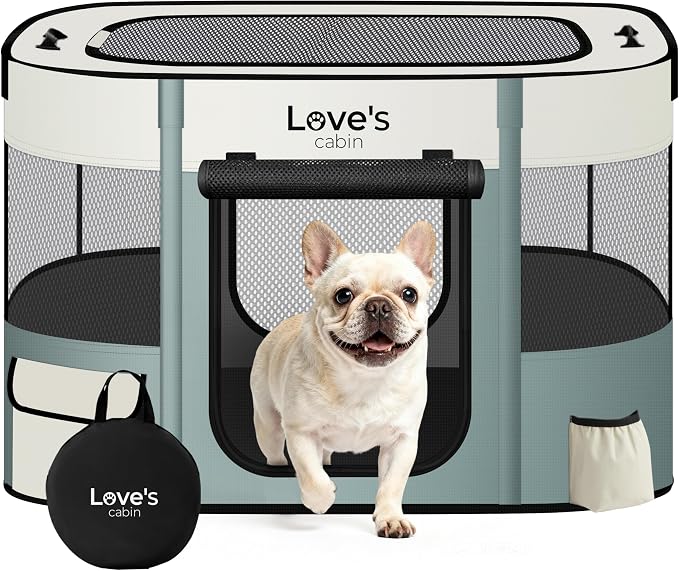 Love's cabin Pet Puppy Dog Playpen, Medium Dog Tent Crates Cage Indoor/Outdoor, Portable Exercise Playpen for Cat, Foldable Pop Up Dog Kennel Playpen with Carring Case (M, Gray Green)