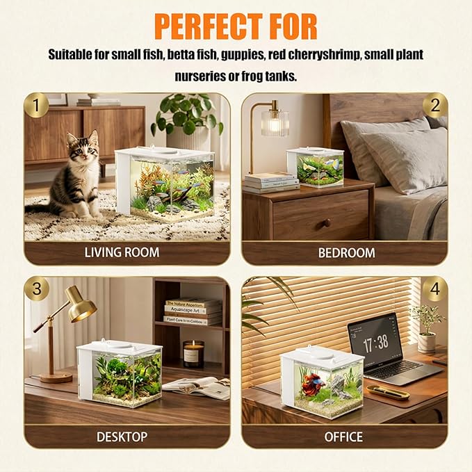 Vehipa 3.7L (1 Gal) Betta Fish Aquarium, Acrylic Small Fish Tank Kit with Water Filter Pump & LED Light, Ideal for Small Fish, Plants and Shrimp, White