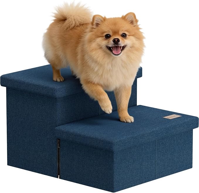 2-Step Wide Dog Stairs with Storage 11" H, Non-Slip Sturdy Pet Steps for Couch Chair, Dog Steps for Small/Medium Old Dogs, Cats, Rabbits Up to 150lbs, Foldable Cat Puppy Stairs for Car, Navy