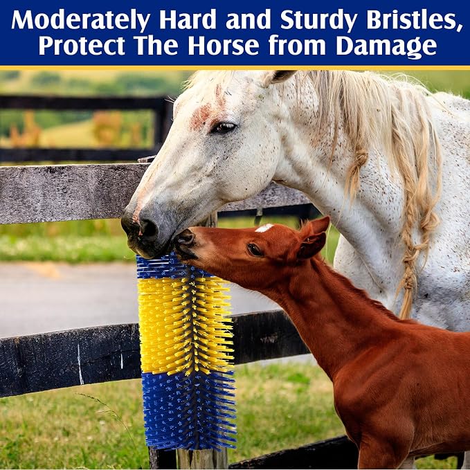 3 Pack Livestock Scratching Brush, Yellow and Blue | Animal Scratcher, Itch Relief Grooming, Horse Goat Cow Scratcher, Fence Post Mounting, Durable Bristles, Farm Livestock Care