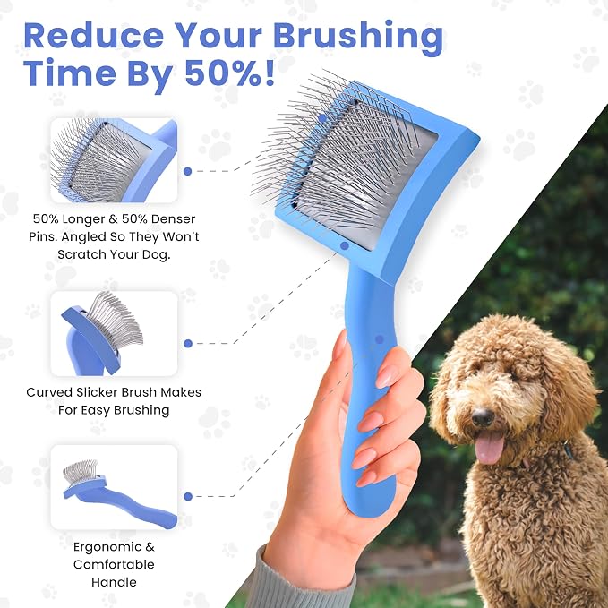 We Love Doodles Small Curved Slicker Brush and Grooming Scissors Kit Bundle - Soft Pin Goldendoodle Brush and Dog Grooming Scissors Kit - for Dematting & Shedding - Made in USA