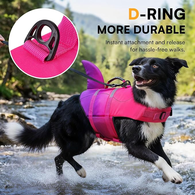 Dog Life Jacket High Flotation, Reflective Dog Life Vest for Swimming, Adjustable Dogs Life Preserver Rescue Handle Spring Summer Pool for Small, Medium, Large Dogs (Pink Purple,M)