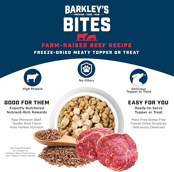 Barkley’s Bag Beef Bites, Freeze Dried Dog Treats & Food Topper, Made w/Beef, Barley, and Quinoa, Small Bite-Sized Pieces for Training Rewards, for All Dog Breeds, Ages & Sizes, 4 Oz Bag (3 Pack)