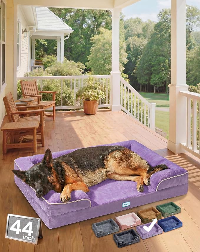 OhGeni Orthopedic Extra Large Dog Bed Couch, Memory Foam, 44-inch (Purple) | Waterproof Pet Bed with Machine-Washable Removable Cover & Soft Comfortable Fabric