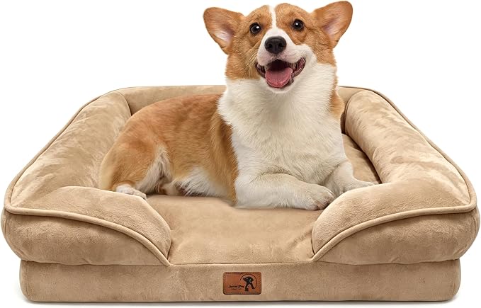 Spotted Play Orthopedic Dog Bed with Sides - Sofa Beds for Medium Dogs, Supportive Foam Pet Couch Bed with Washable Removable Cover, Waterproof Lining and Non-Slip Bottom, Brown - M