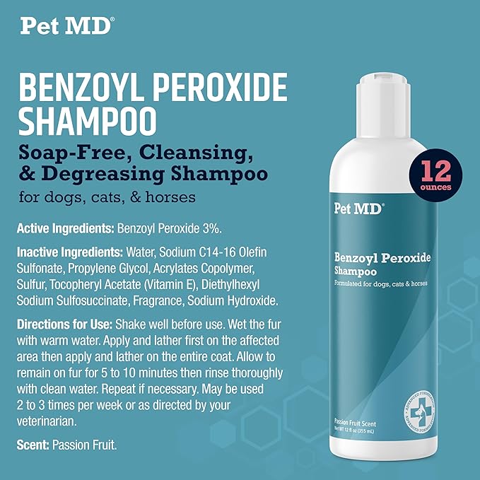 Pet MD Benzoyl Peroxide Shampoo for Dogs and Cats – Helps Relieve Itchy, Oily & Flaky Skin – Deep Cleansing & Deodorizing Formula – Scented – 12oz