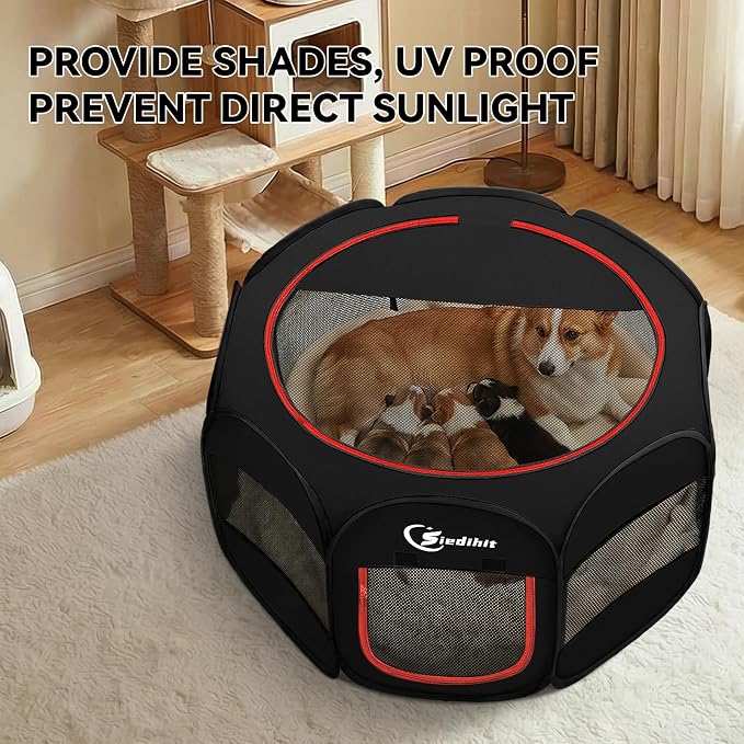 Siedihit Dog Playpen, Puppy Pet Playpens Indoor for Medium Dogs Tent | Crates Cage Indoor/Outdoor, Portable Pop Up Dog Kennel Playpen with Carrying Case for Dogs/Cats/Rabbits, Black
