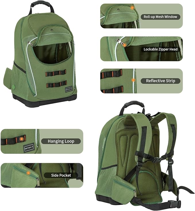 Petsfit Pet Dog Carrier Backpack with Upgraded Weight Reduction Design, Cat Dog Backpack with Large Ventilations, Easy-Fit for Traveling Hiking Camping for Small Medium Dogs and Cat, Green