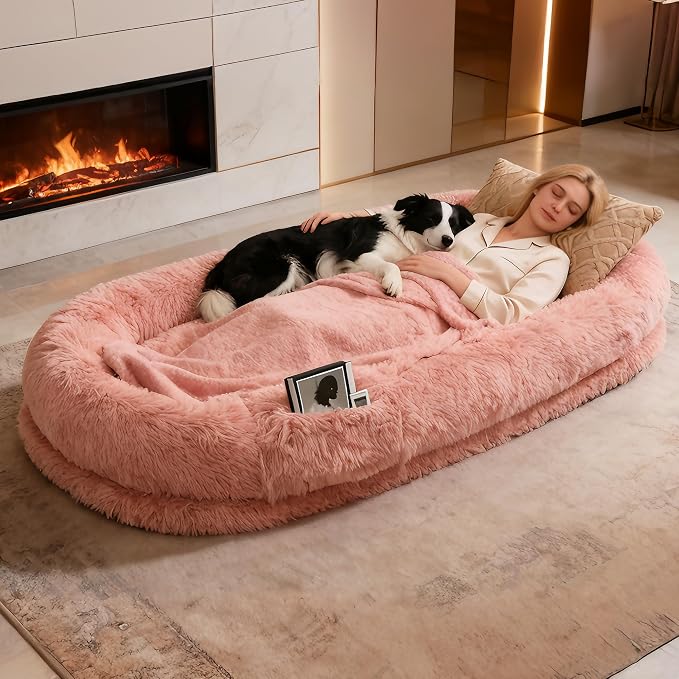 Human Dog Bed with Pillow & Blanket - 71 × 45 × 12 Inch | Oversized Pet Bed for Large Dogs, Leak-Resistant Washable Dog Couch Bed for People and Dogs Soft Long Pet Sofa Pink