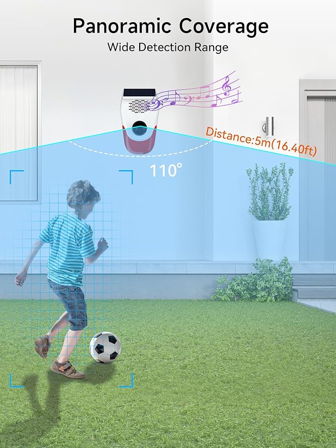 Solar Motion Sensor Alarm with Custom Voice Upload - 120dB Loud Noise Maker & Strobe Lights, Remote Control, IP65 Waterproof for Deer/Bear Deterrent, Chicken Coop Security, Pool Safety Alerts