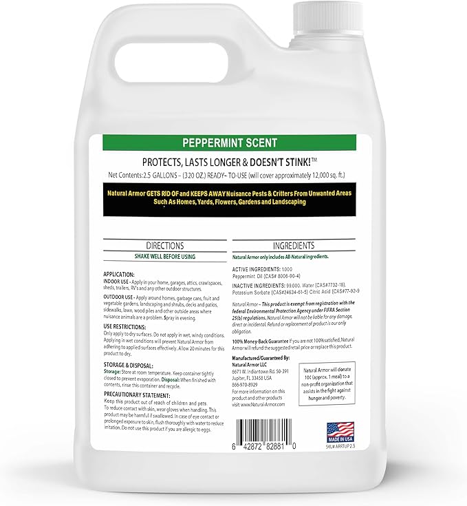 Natural Armor Animal & Rodent Repellent Spray. Repels Skunks, Raccoons, Rats, Mice, Deer Rodents & Critters. Repeller & Deterrent in Powerful Peppermint Formula – 128 Fl Oz Gallon Refill RTU