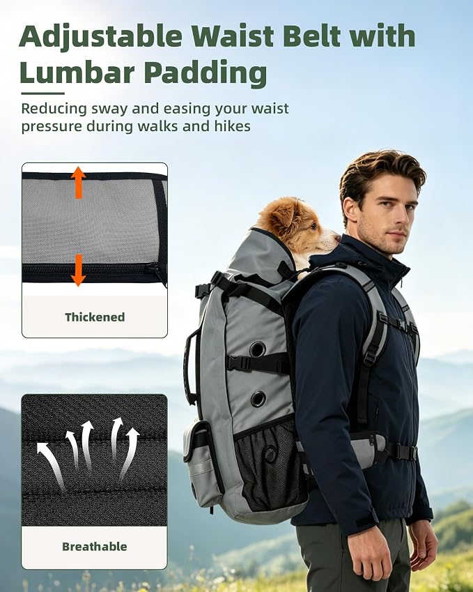 Breathable Dog Hiking Backpack Carrier for Large Dogs, Grey | 4-Layer Protection, Adjustable Dog Backpack with Storage Pockets, Reflective Strips, 3D Ergonomic Support, Under 50 lb