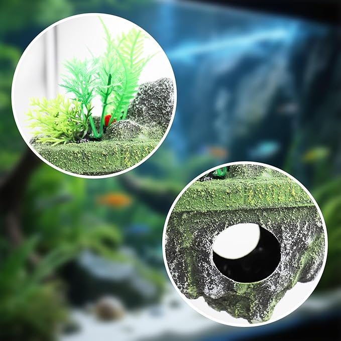 Floating Island Fish Tank Decorations – Aquarium Decor with Hideout Tunnel, Betta Fish and Shrimp Cave, PVC Aquarium Accessory with Artificial Plants