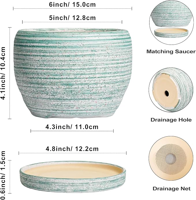 SQOWL Ceramic Plant Pots - 6 Inch Planter with Drainage Hole and Tray, Round Flower Pot for Indoor Plants, Decorative Succulent Planter Outdoor, Home House Decor, Gifts for Women Men, Green