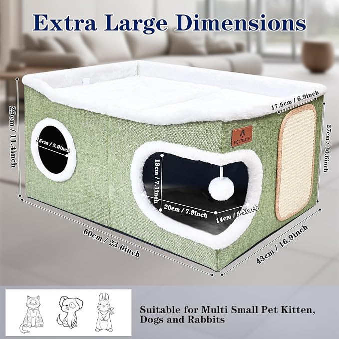 Extra Large Cat Beds for Indoor Cats, Covered Cat Cave Beds & Furniture with Scratch Pad and Fluffy Ball, Foldable Condo Hideaway with Reversible Cushion for Multi Small Pet Large Kittens, Green