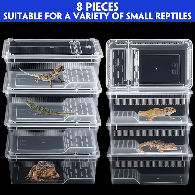 Irenare 8 Pcs Reptile Breeding Box Plastic Spider Terrarium Tarantula Feeding Box for Bearded Dragon Lizard Spider Gecko Scorpion (Vent Strips,Clear,8.6 x 5.1 x 3.1 Inch)