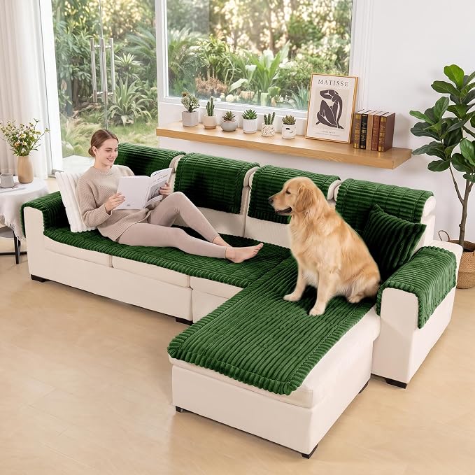 FUANGUI 2 Pack Waterproof Couch Cover for Dogs Pets Sofa Protector | Non-Slip Washable Fuzzy Soft Sofa Slipcover for 2 PCS L Shaped Sofa Pet Friendly, 27.6" x 59.1"+27.6" x 70.9",Dark Green