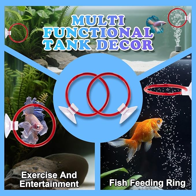 Betta Fish Toys, 2 PCS Fish Exercise Ring and Nitrifying Balls Set, Betta Mirror Toy Set, Feeding Ring with Suction Cup, Fishing Tank Accessories for Gifts (Red)