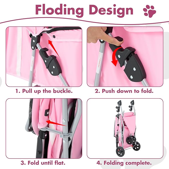 DUMOS 3 Wheels Pet Stroller for Small Dogs and Cats | Foldable Dog Stroller with Mesh Windows, Storage Basket & Cup Holder, Lightweight & Durable Pet Carrier for Travel, Pink