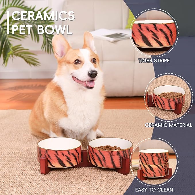 Dog Bowl Set with Wood Stand, Non-Slip Anti-Tip Elevated Design, Double Ceramic Animal Food Water Cat Bowls, Suitable for Large/Medium Sized Dog Pet Feeder Dish Station - 32 OZ, Tiger Stripe