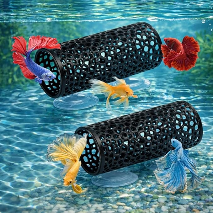 Betta Fish Toys,2PCS Black Betta Fish Tunnel,Aquarium Decor Safe for Smallfish Shrimp, Tube Shelter with Suction Cups for Small Fish