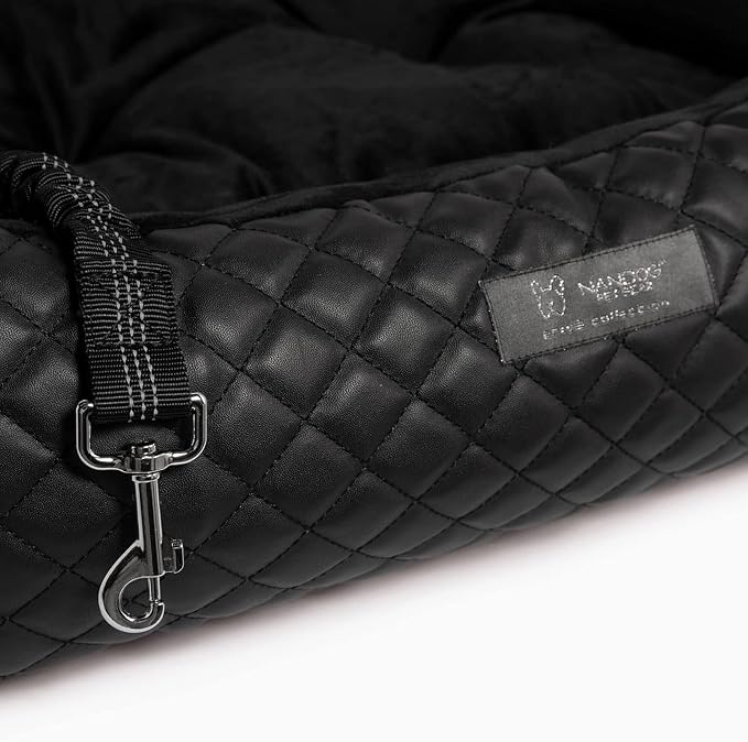 NANDOG Luxury Dog Car Seat Bed for Medium Dogs, Vegan Leather Pet Seat with Removable & Washable Cushion Insert, Thick Safety Seatbelt Straps, Secure Travel Carrier, Black, 22" L x 18" W