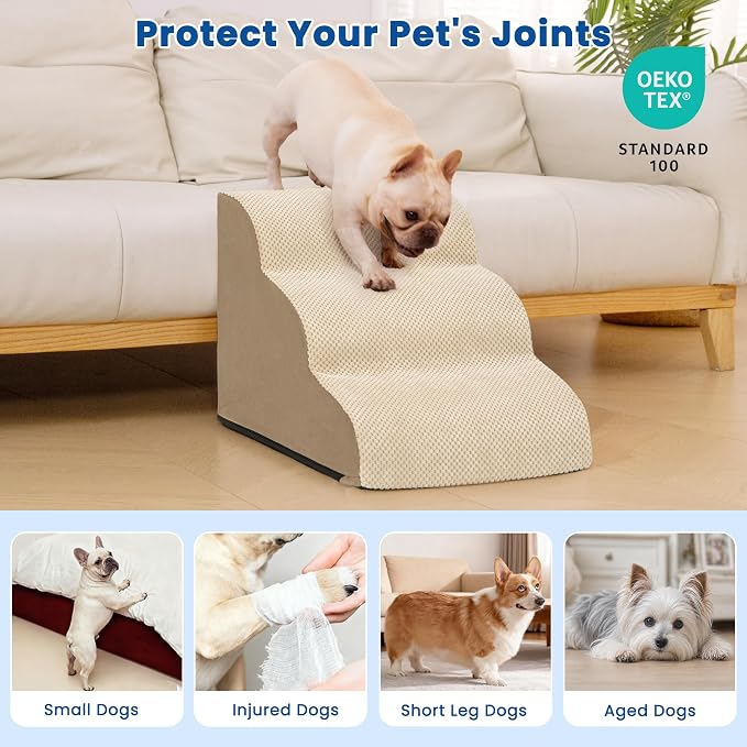 Dog Stairs for Small Dogs and Cats,Non-Slip 3 Step Pet Ramp for Couch,Khaki | High-Density Foam Support with a Gentle 3-Step Design for Easy, Comfortable Access to Couches and Sofas