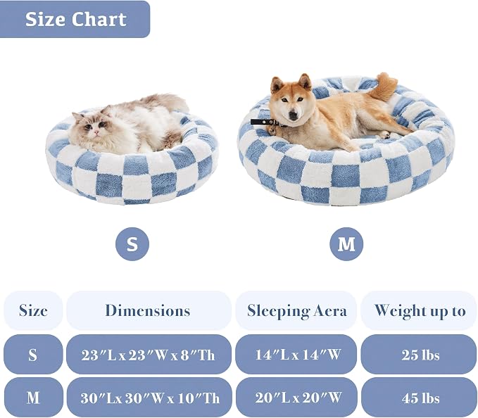 Ohocut Checkered Cat Dog Bed, Cute Blue Retro Style Aesthetic Round Warming Pet Calming Beds for Small Dog and Cats, Plush Cozy Donut Beds Washable, 23" L x 23" W x 8" Th